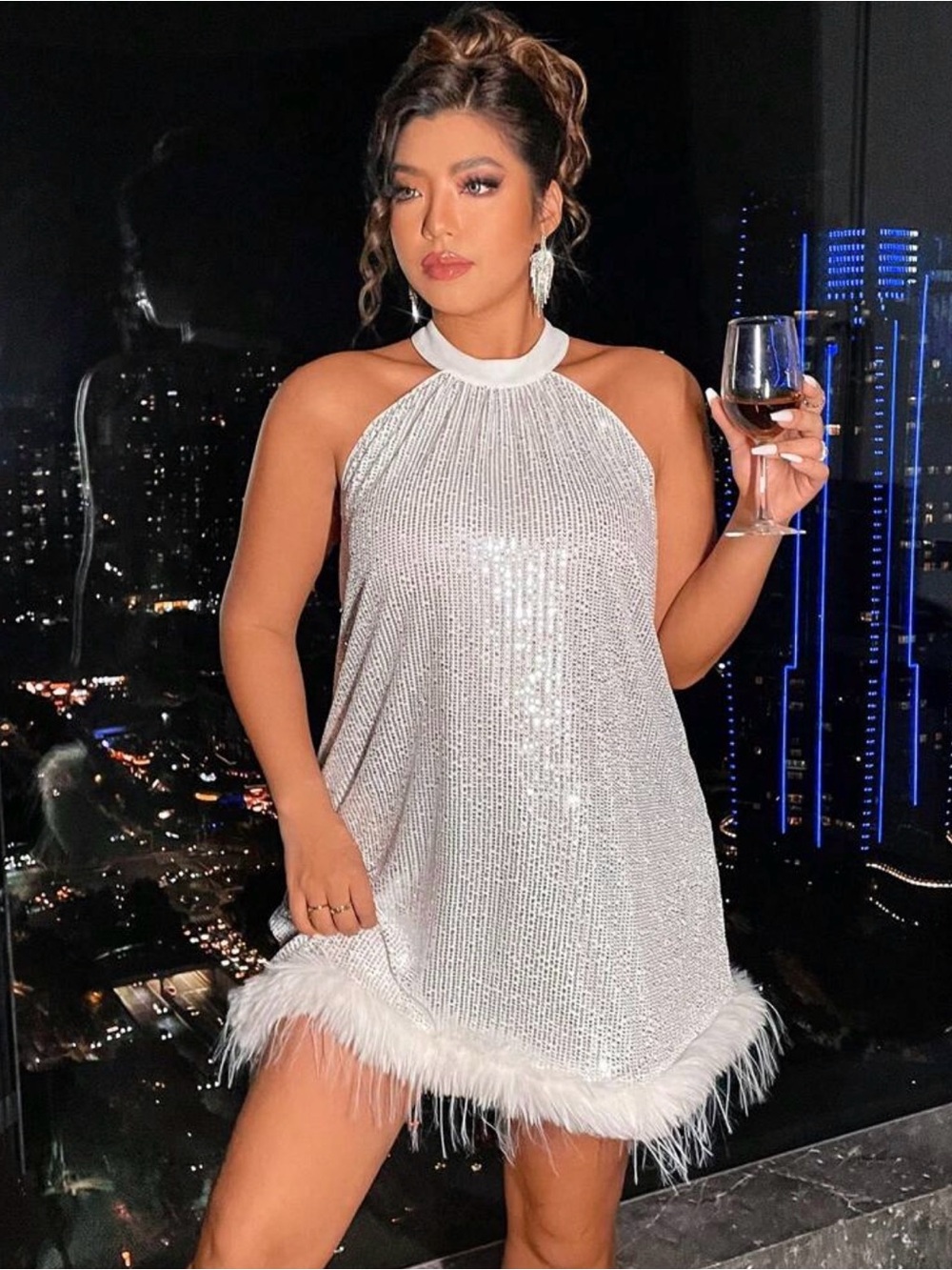 Sequin Halter Mini Dress with Feather Hem - White